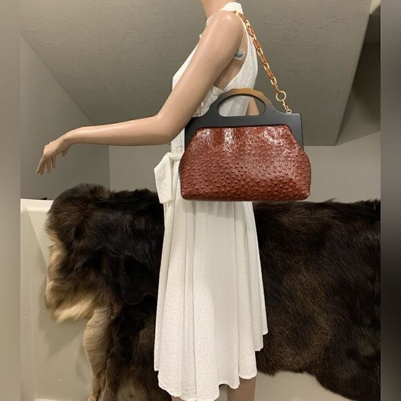 Handmade Genuine Ostrich Textured Cowhide, Wooden Frame Top Handle Satchel - Picture 6 of 14